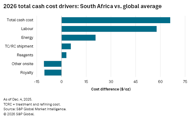 A bar chart compares total cash cost drivers in South Africa against the global average for 2026, highlighting differences. A bar chart compares total cash cost drivers in South Africa against the global average for 2026, highlighting differences.