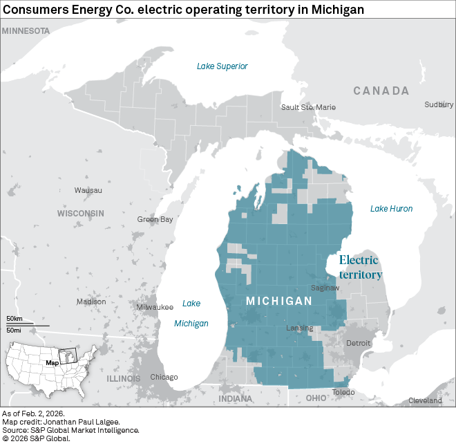 Map showing Consumers Energy Co.'s electric operating territory in Michigan, highlighted in blue, with lakes labeled. Map showing Consumers Energy Co.'s electric operating territory in Michigan, highlighted in blue, with lakes labeled.