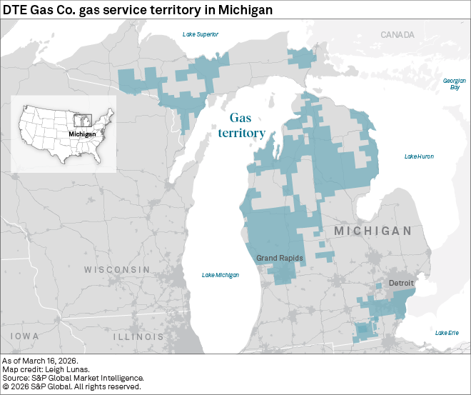 A map shows DTE Gas Company’s service territory in Michigan, highlighted in blue across various regions of the state. A map shows DTE Gas Company’s service territory in Michigan, highlighted in blue across various regions of the state.