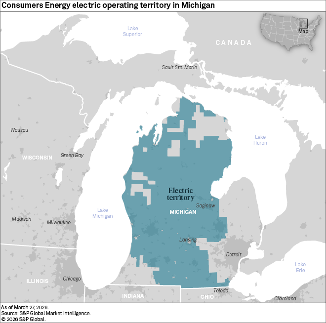 A map shows Consumers Energy electric operating territory in Michigan, highlighted in blue with major cities labeled.