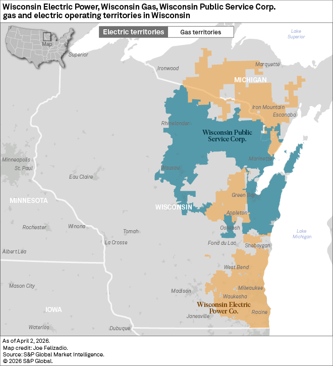 A map shows the electric and gas service territories of Wisconsin utilities, with regions shaded in blue and orange.