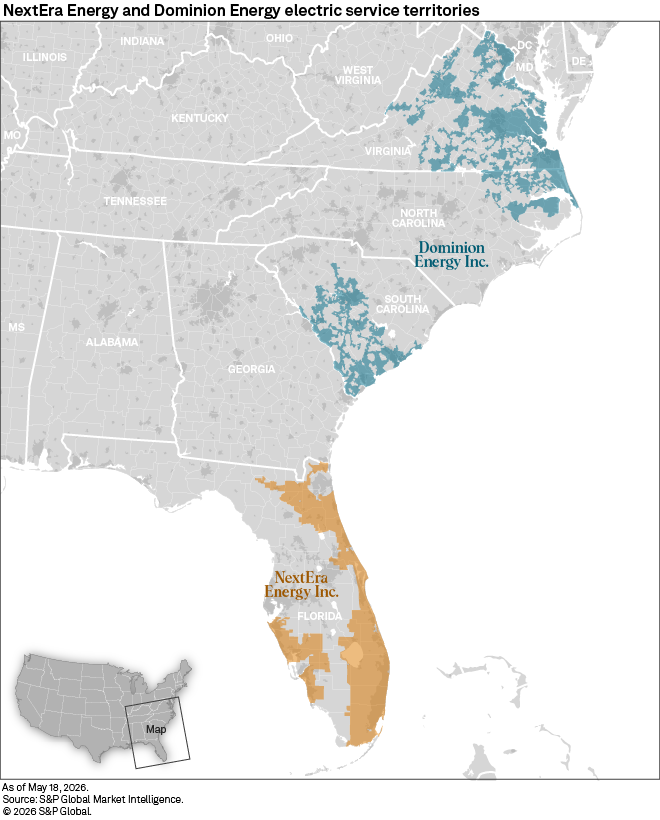 A map shows Dominion Energy service areas in the Carolinas and Virginia and NextEra Energy in Florida, each colored.