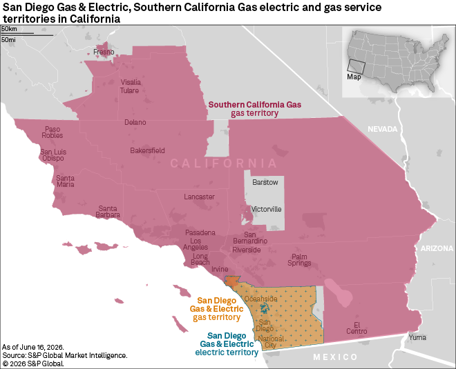 A map shows Southern California Gas, San Diego Gas & Electric gas, and electric service territories in California.