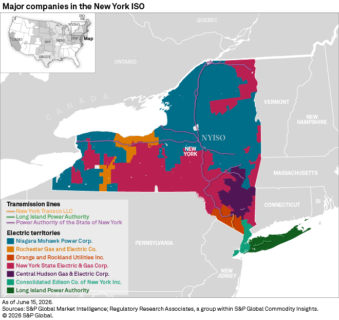 A color-coded map shows major electric companies and transmission lines in New York, highlighting their service areas. A color-coded map shows major electric companies and transmission lines in New York, highlighting their service areas.