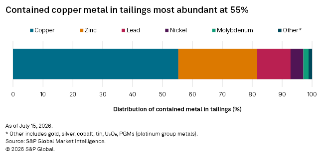 A horizontal bar chart shows copper as the most abundant metal in tailings at 55%, followed by zinc and lead. A horizontal bar chart shows copper as the most abundant metal in tailings at 55%, followed by zinc and lead.