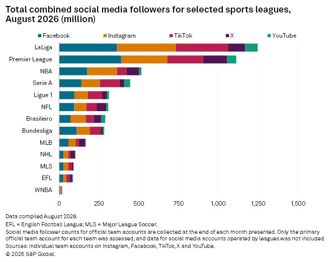 A horizontal bar chart shows LaLiga and Premier League leading in combined social media followers across five platforms. A horizontal bar chart shows LaLiga and Premier League leading in combined social media followers across five platforms.