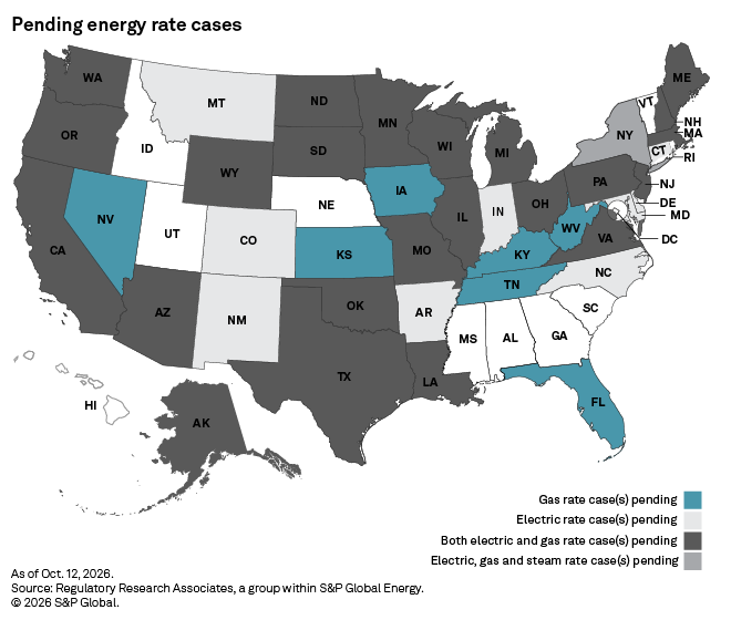 A U.S. map shows states with pending energy rate cases, color-coded by gas, electric, both, or all energy types as of 2026.